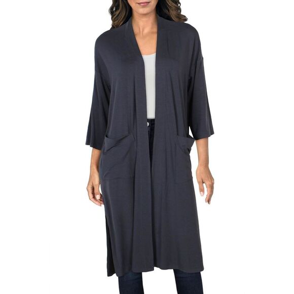 EILEEN FISHER Womens Navy Side Slits Duster Elbow Sleeve Open Front Sweater XXS